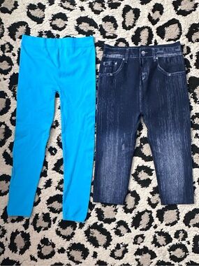 New Mix Bright Blue Leggings and Dark Denim-Look Capri Set- 2 Pair